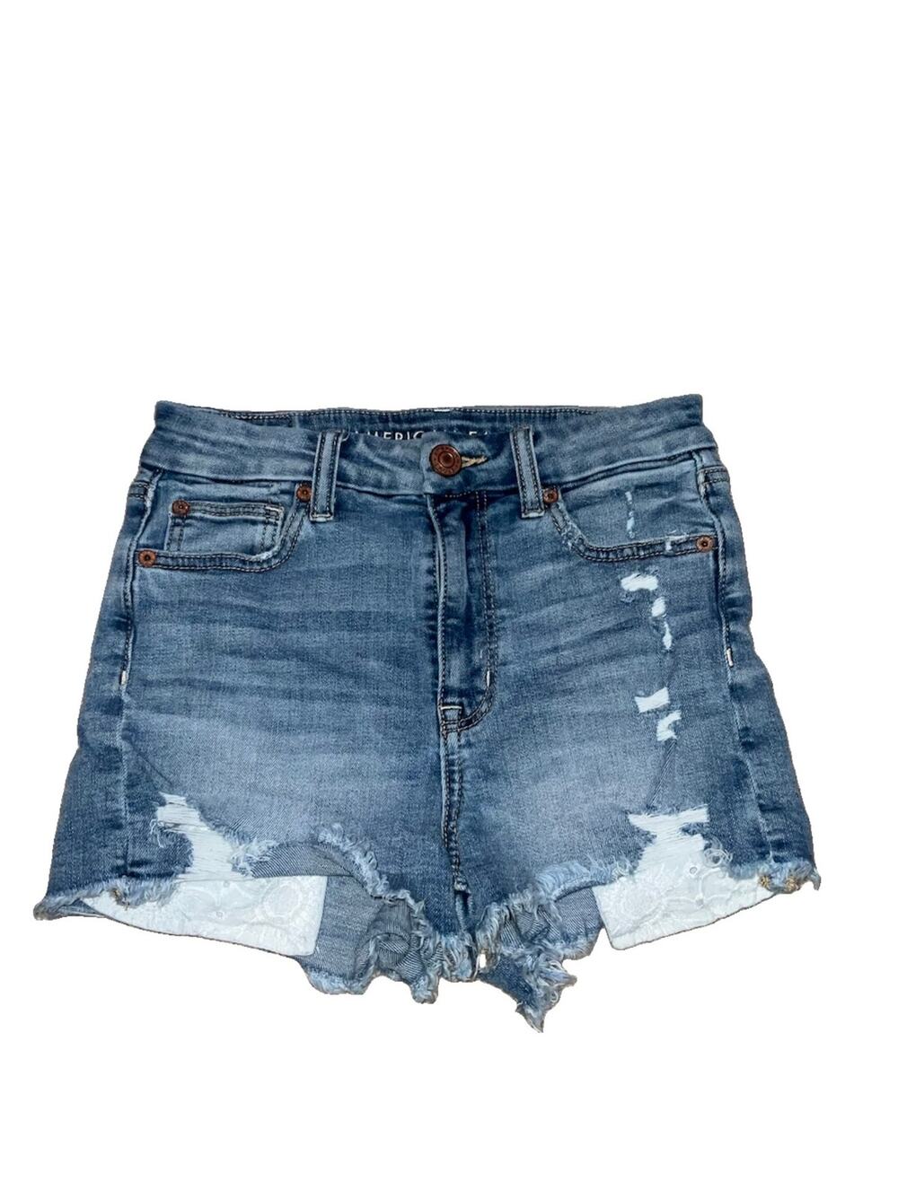 American Eagle Blue Distressed Curvy High Rise Shortie Jean Shorts Size 0